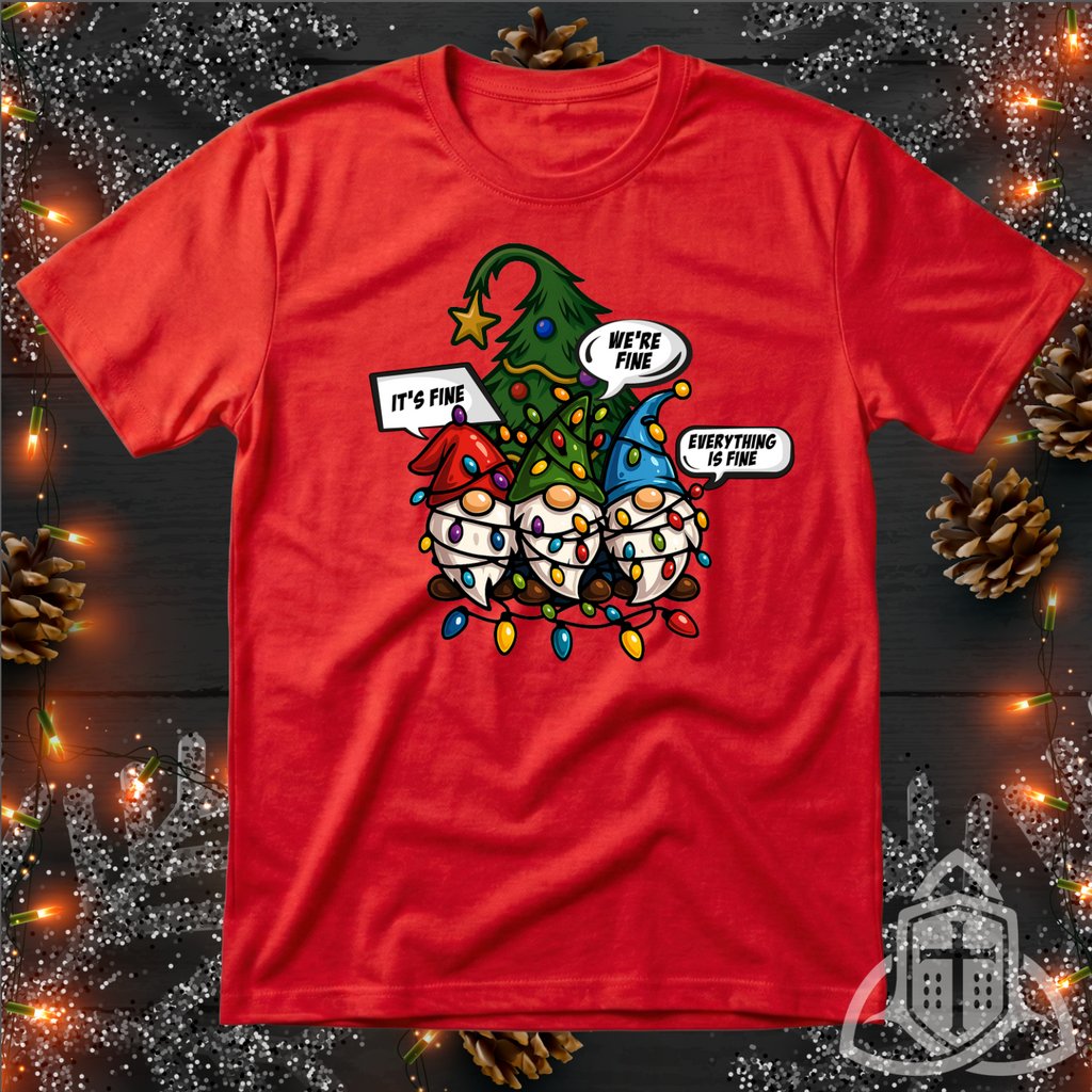 Funny Holiday Gnome Shirt - Tangled Lights & "It's Fine" Meme