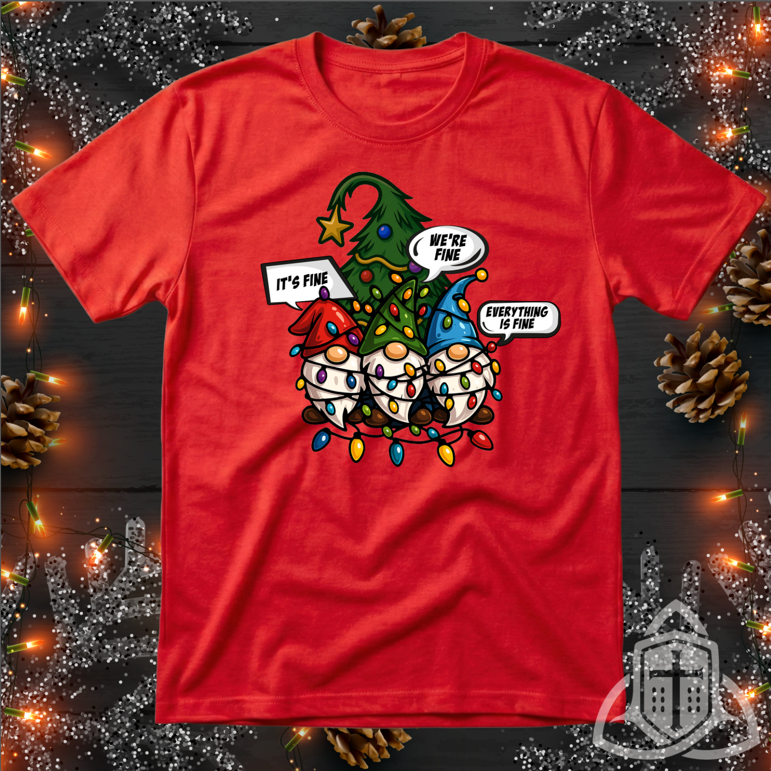 Funny Holiday Gnome Shirt - Tangled Lights & "It's Fine" Meme