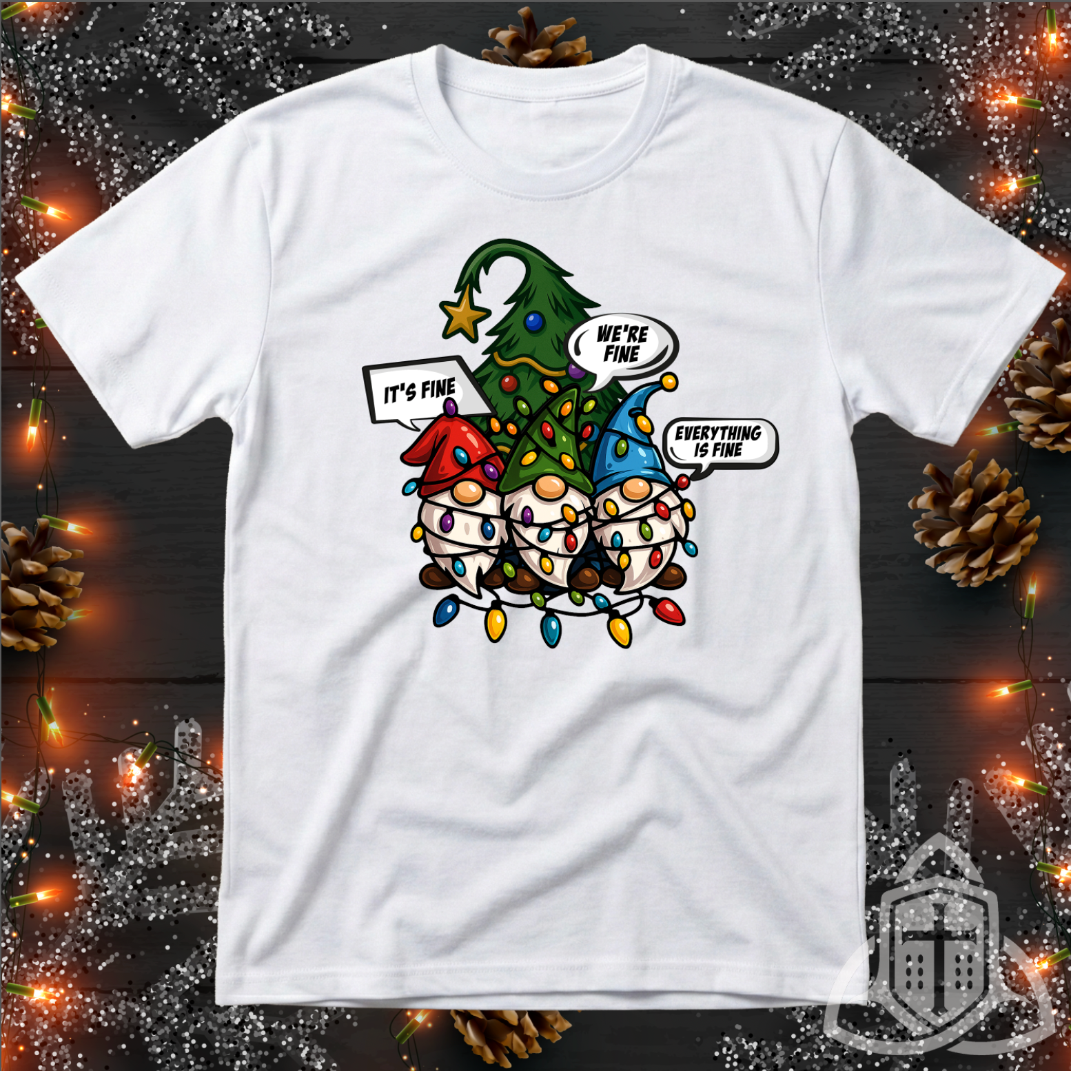 Funny Holiday Gnome Shirt - Tangled Lights & "It's Fine" Meme