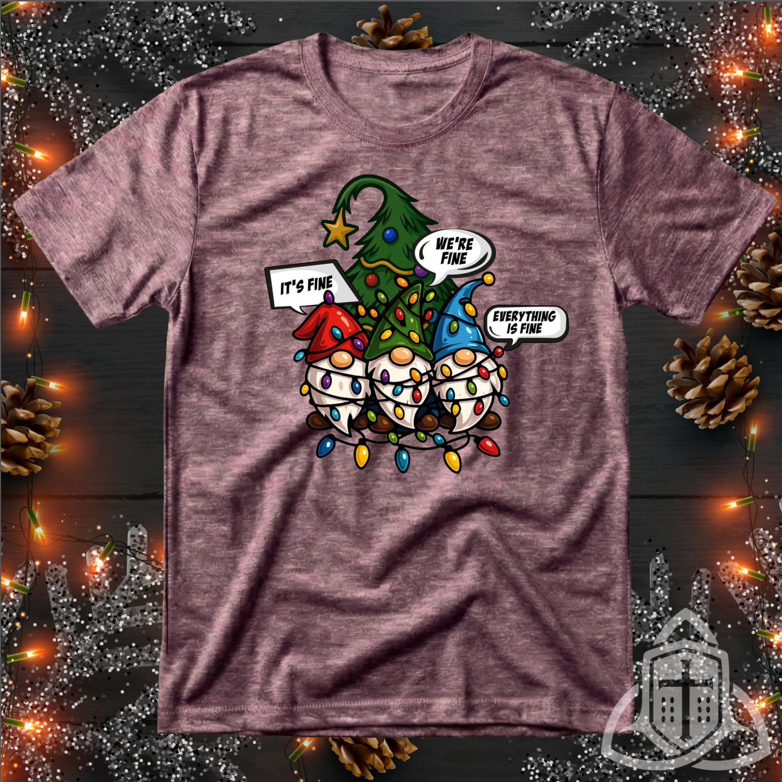 Funny Holiday Gnome Shirt - Tangled Lights & "It's Fine" Meme