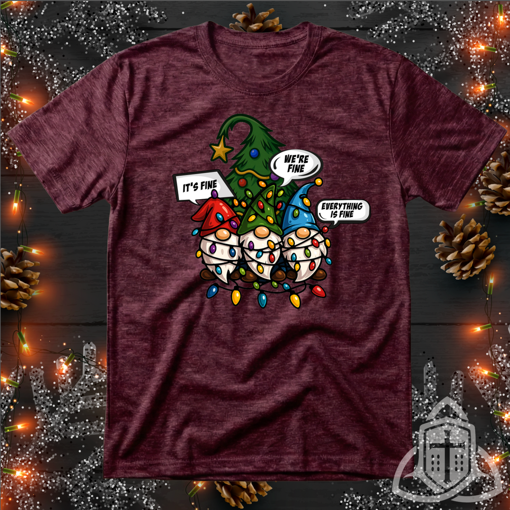 Funny Holiday Gnome Shirt - Tangled Lights & "It's Fine" Meme