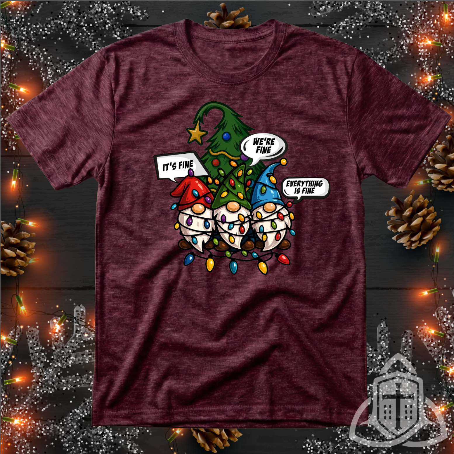 Funny Holiday Gnome Shirt - Tangled Lights & "It's Fine" Meme
