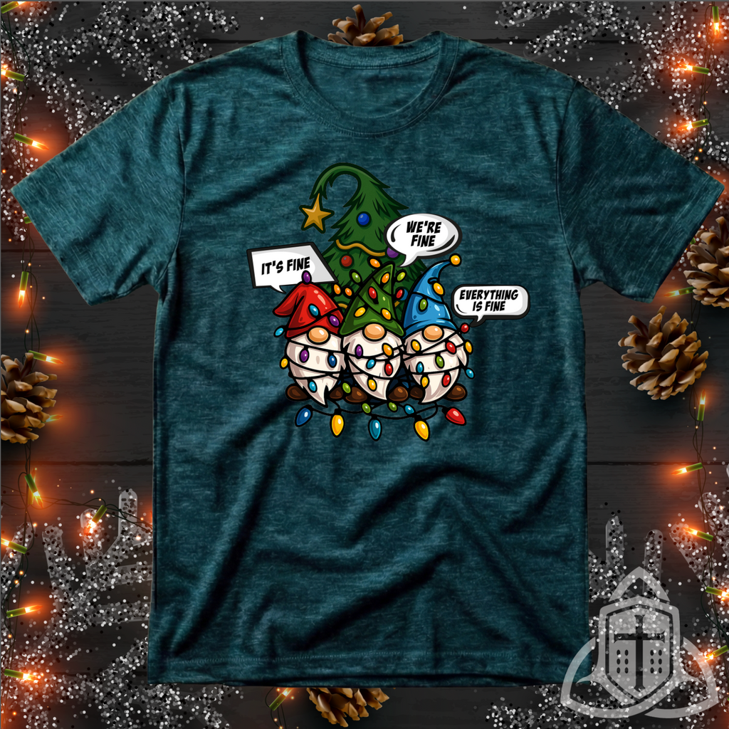 Funny Holiday Gnome Shirt - Tangled Lights & "It's Fine" Meme