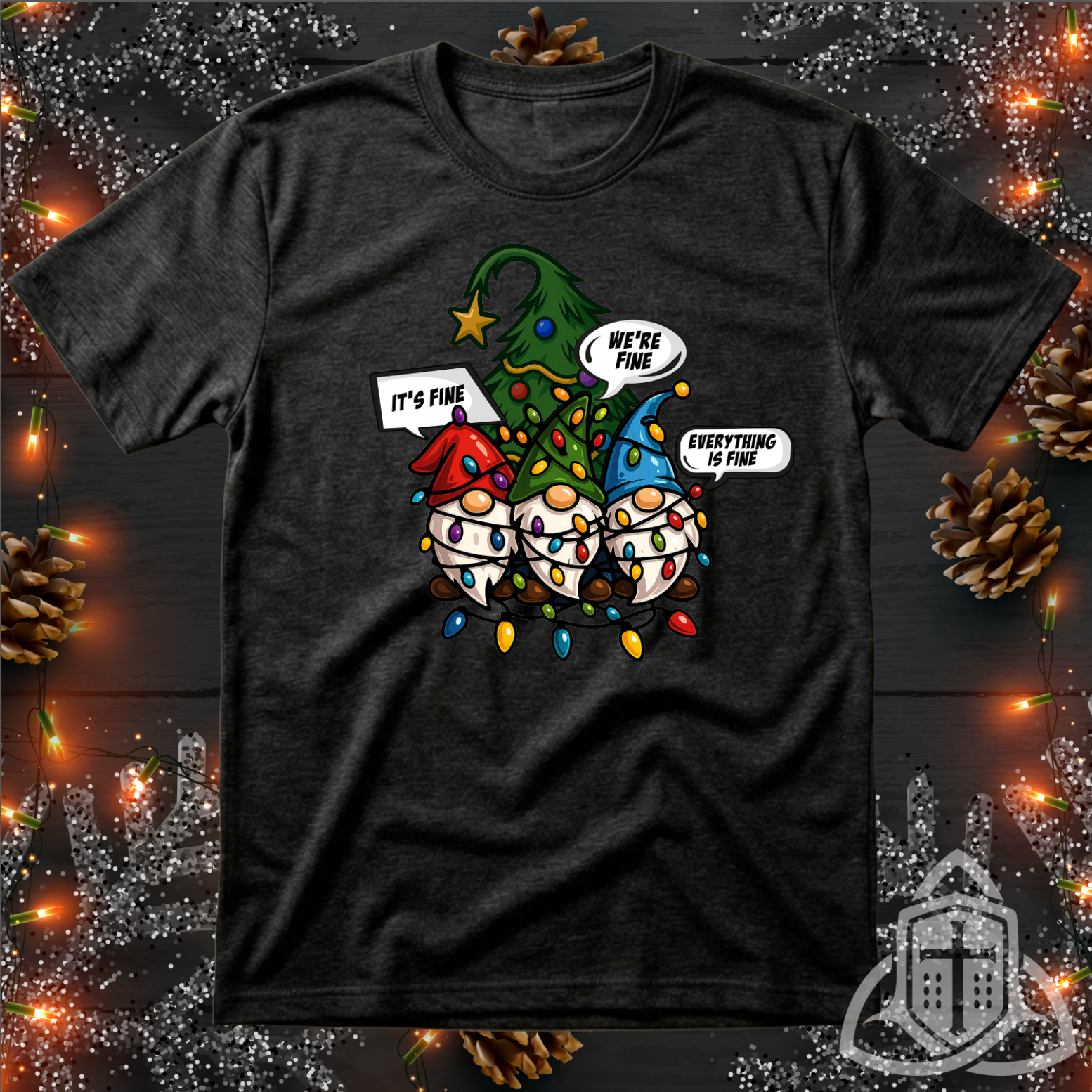 Funny Holiday Gnome Shirt - Tangled Lights & "It's Fine" Meme