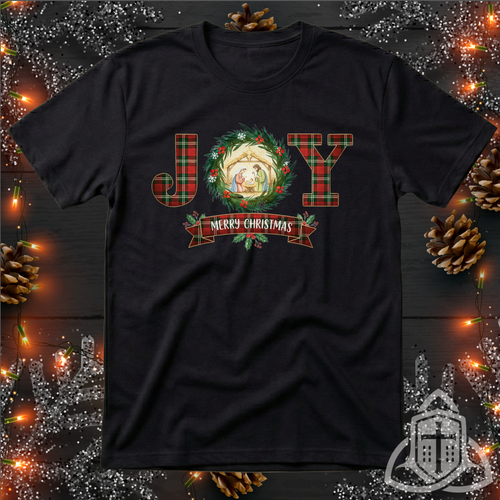 Christian Christmas Shirt - Plaid JOY Nativity Scene Tee
