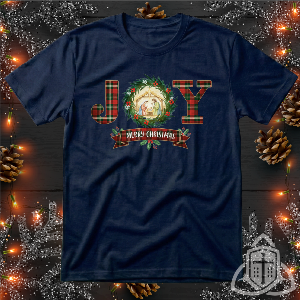 Christian Christmas Shirt - Plaid JOY Nativity Scene Tee