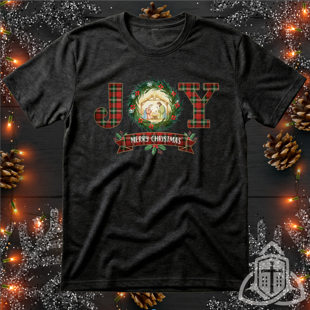 Christian Christmas Shirt - Plaid JOY Nativity Scene Tee